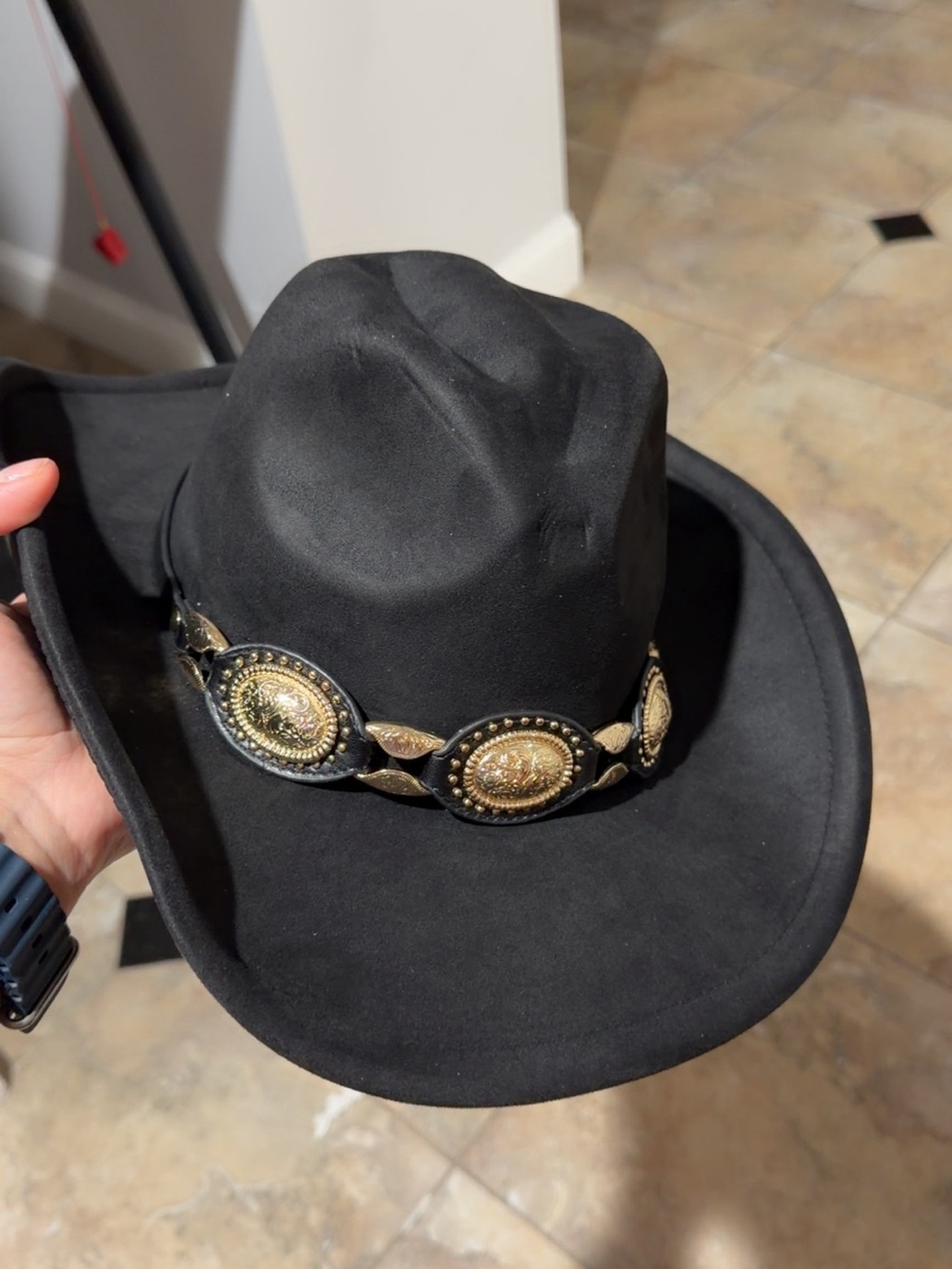 Fashion Nova Black Western Cowboy Hat with Gold Concho Band